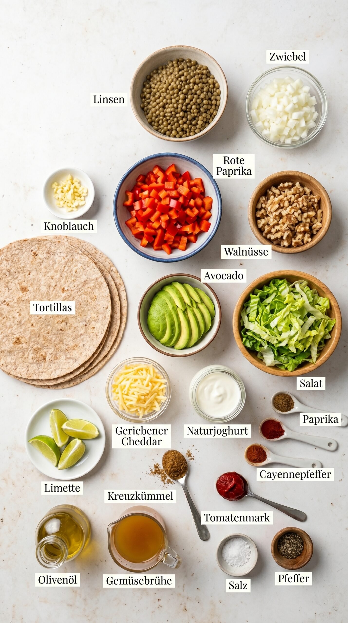 Vegetarische Burritos mit Linsen und Walnüssen für ein sättigendes Veggie Mittagessen recipe ingredients