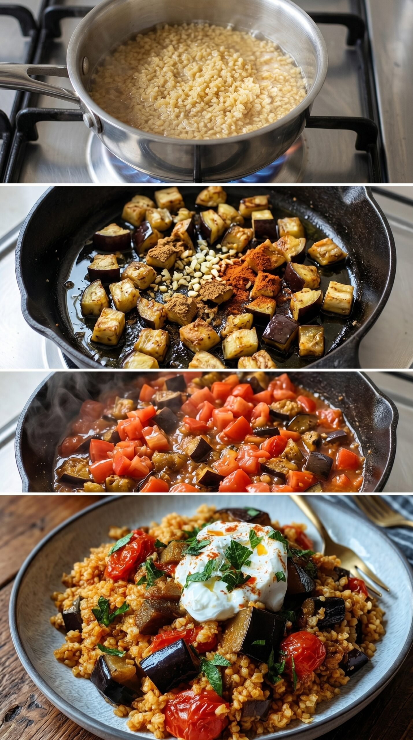 Bulgur mit Tomaten, Auberginen und Joghurt recipe instructions