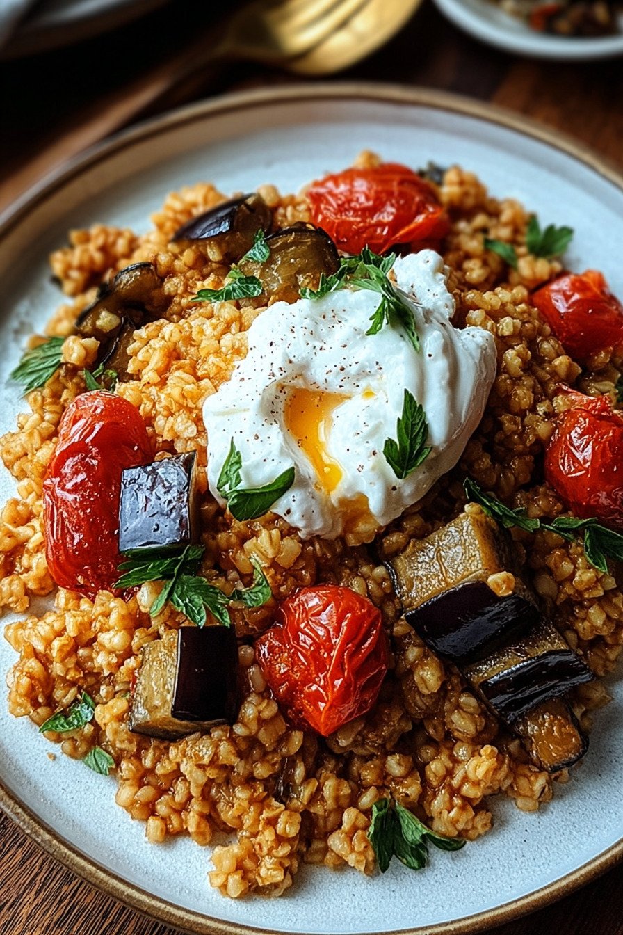 Bulgur mit Tomaten, Auberginen und Joghurt extra recipe photo