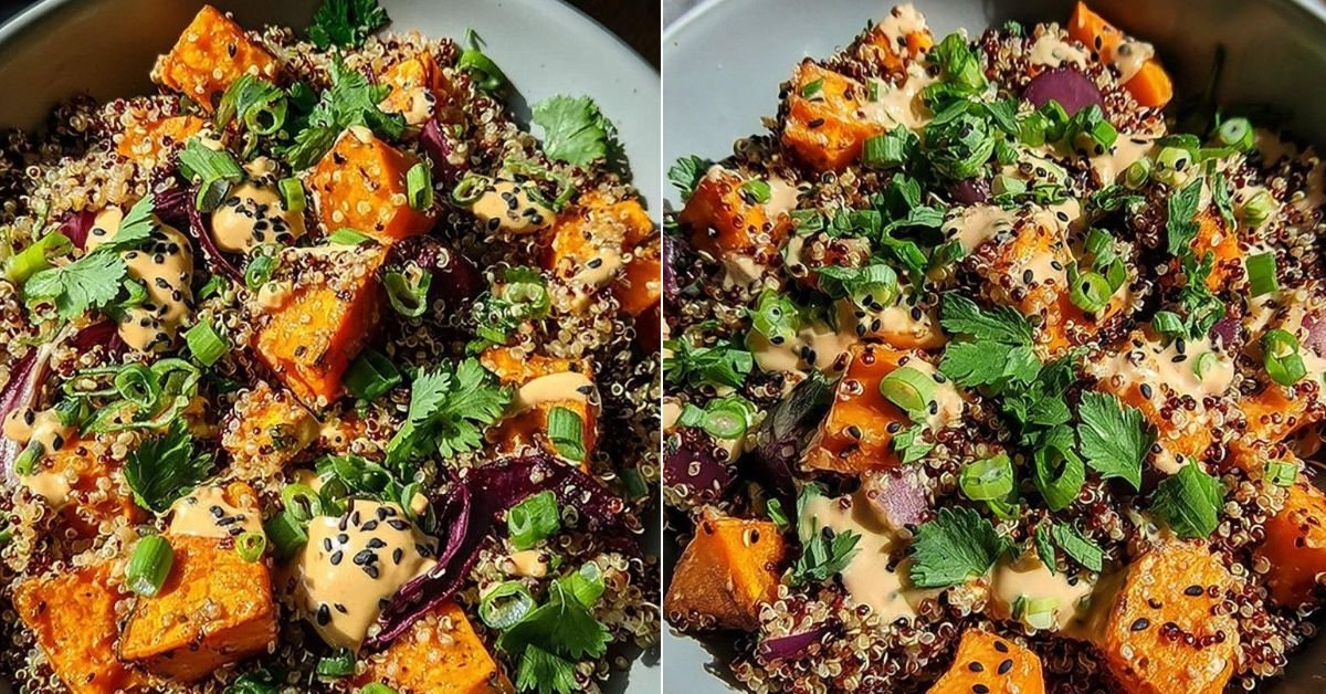 Gerösteter Süßkartoffel-Quinoa-Salat mit Sesam-Miso-Sauce recipe photo