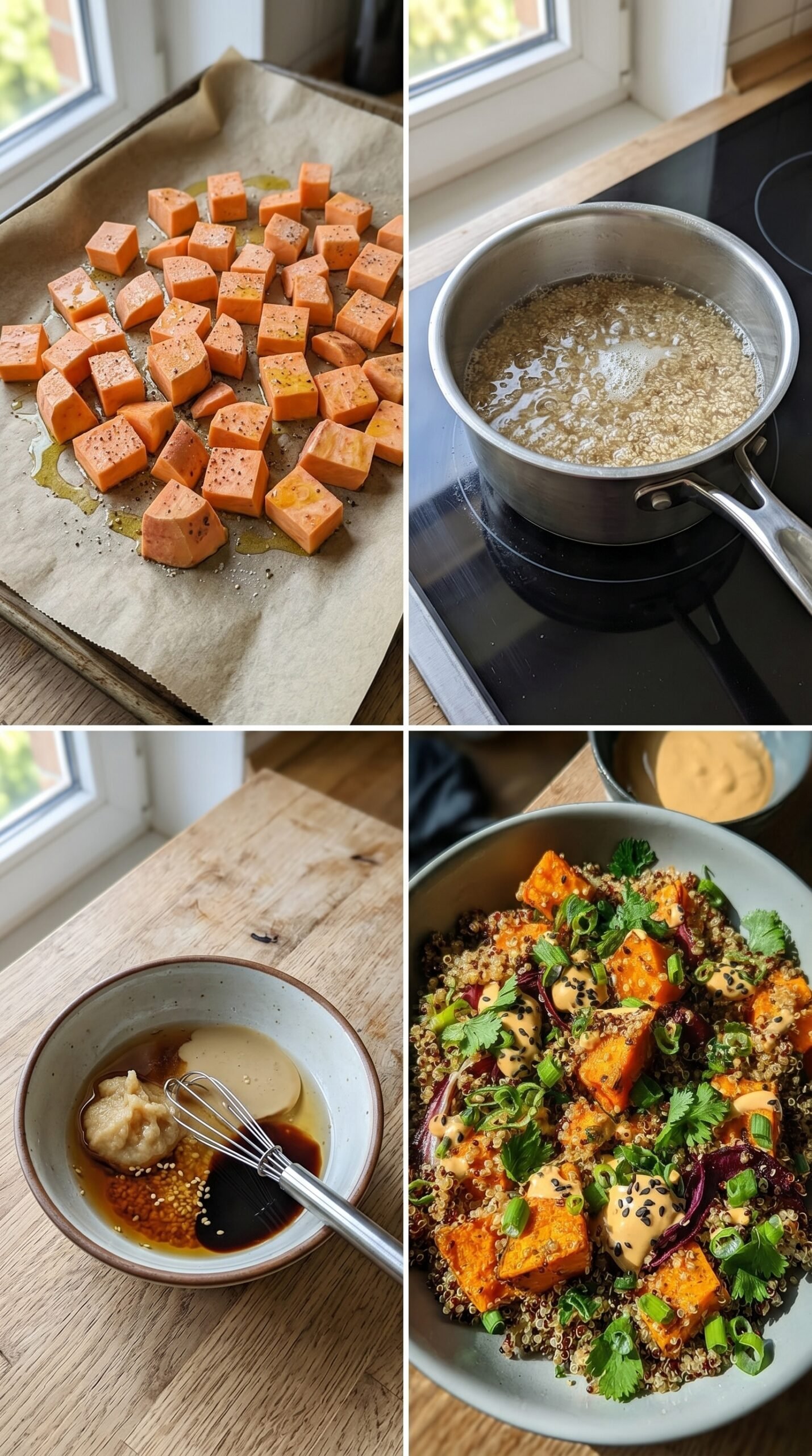 Gerösteter Süßkartoffel-Quinoa-Salat mit Sesam-Miso-Sauce recipe instructions