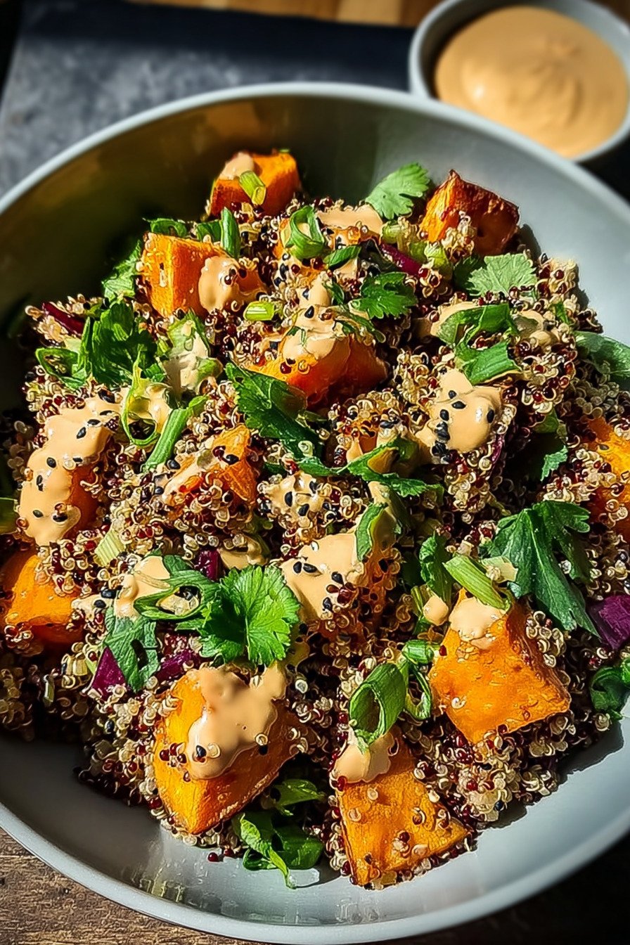 Gerösteter Süßkartoffel-Quinoa-Salat mit Sesam-Miso-Sauce extra recipe photo