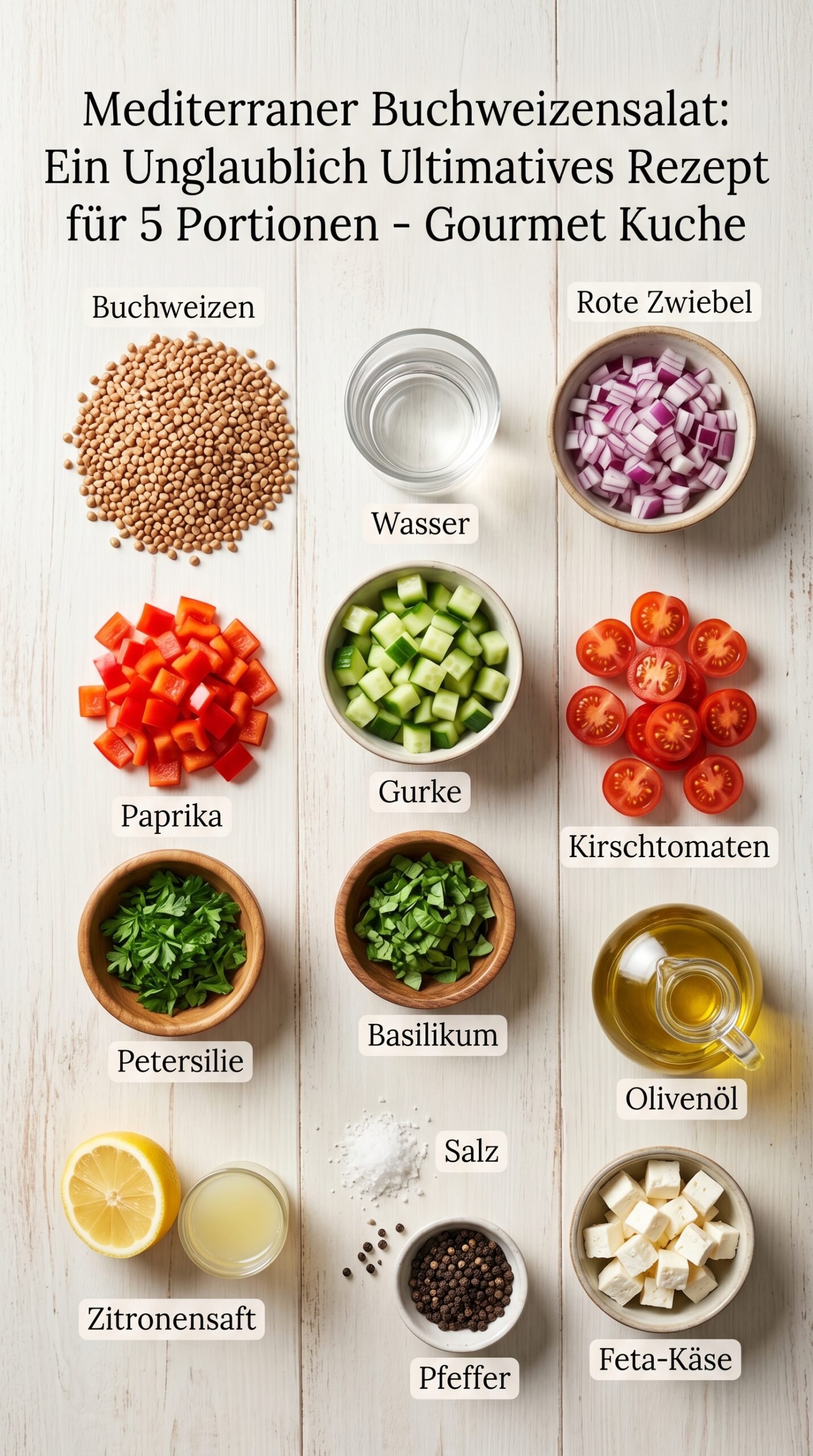Mediterraner Buchweizensalat: Frischer Salat mit Kräutern und Gemüse recipe ingredients